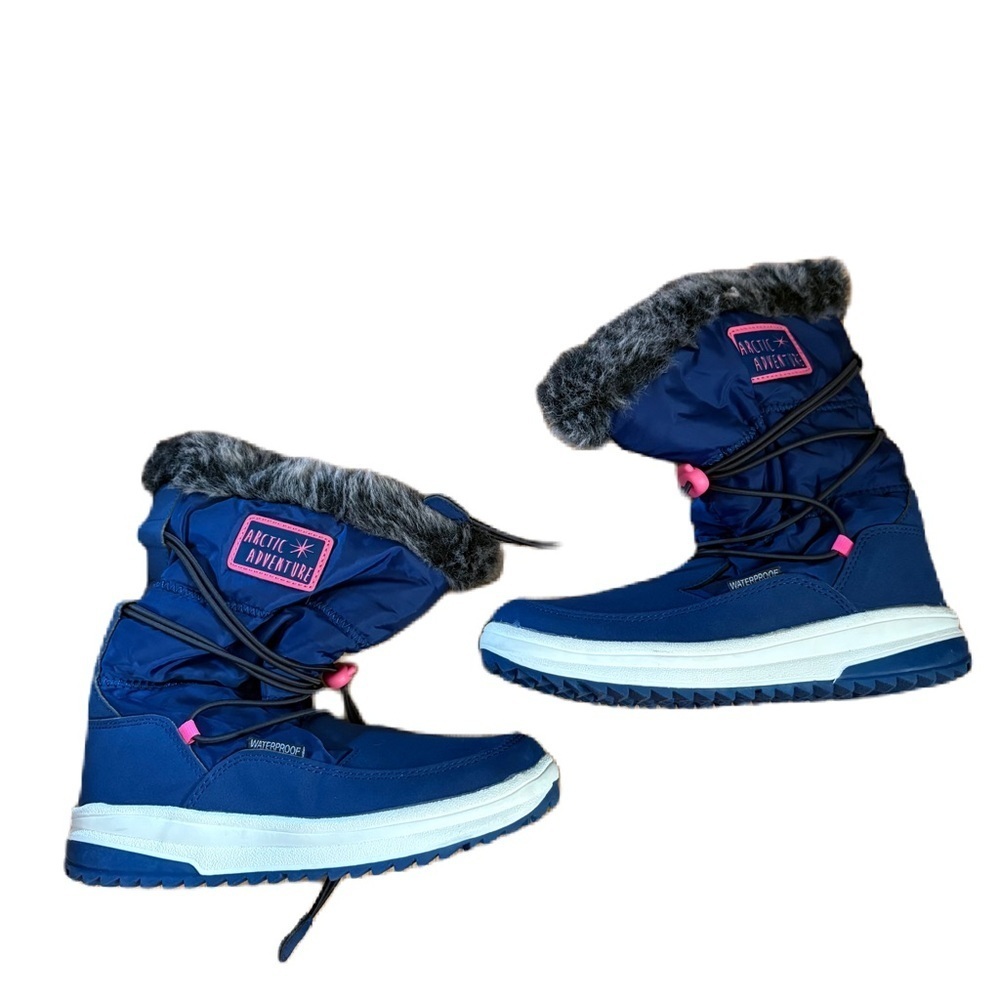 Arctic Adventure Navy Blue Winter Snow Boots Sz 1 Waterproof Faux Fur Tie